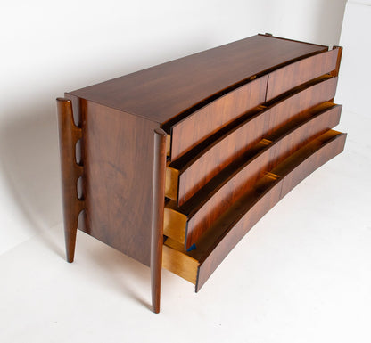 William Hinn Sculpted Walnut 8 Drawer Dresser, Made in Sweden, Circa 1950s