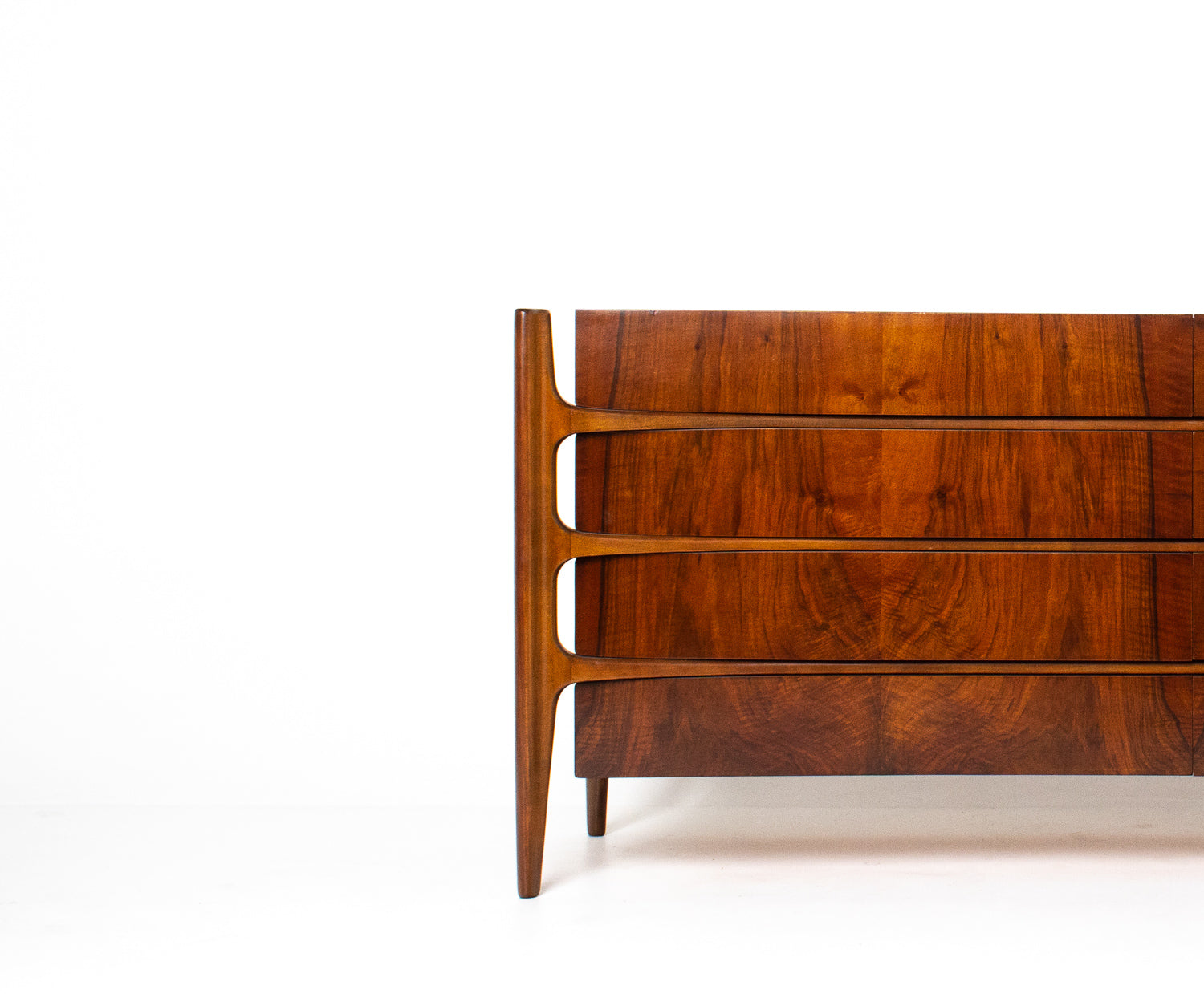 William Hinn Sculpted Walnut 8 Drawer Dresser, Made in Sweden, Circa 1950s