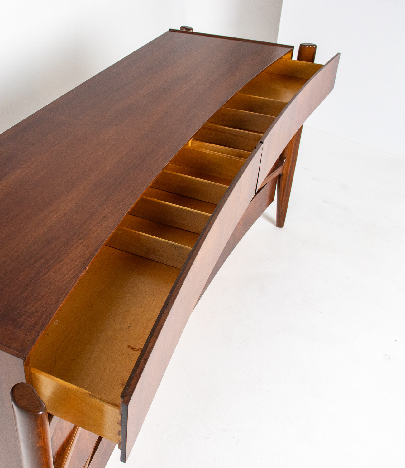 William Hinn Sculpted Walnut 8 Drawer Dresser, Made in Sweden, Circa 1950s