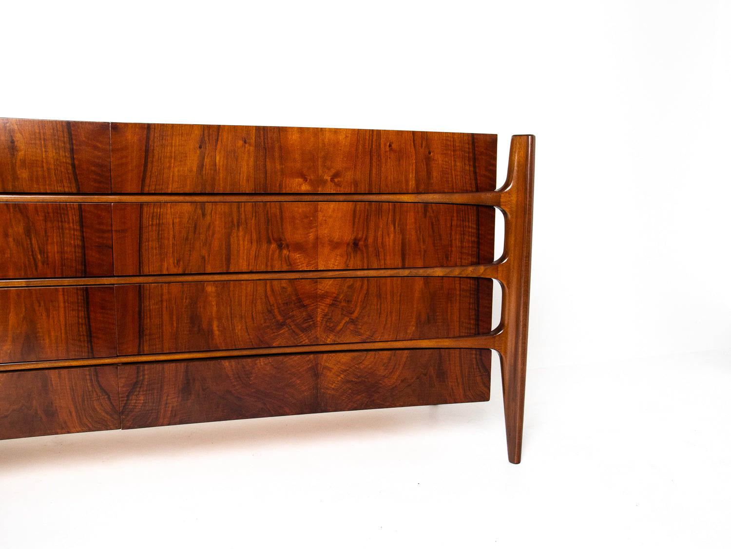 William Hinn Sculpted Walnut 8 Drawer Dresser, Made in Sweden, Circa 1950s