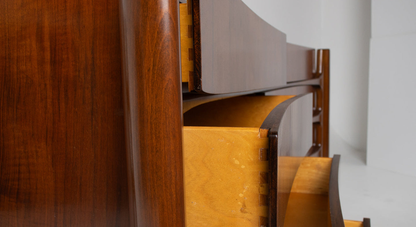 William Hinn Sculpted Walnut 8 Drawer Dresser, Made in Sweden, Circa 1950s