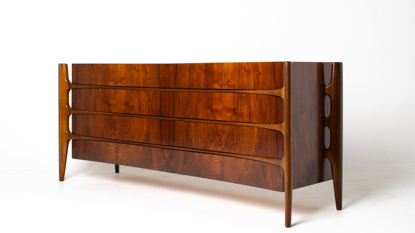 William Hinn Sculpted Walnut 8 Drawer Dresser, Made in Sweden, Circa 1950s