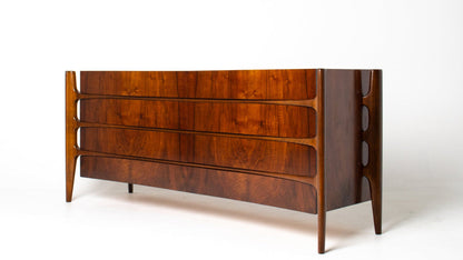 William Hinn Sculpted Walnut 8 Drawer Dresser, Made in Sweden, Circa 1950s