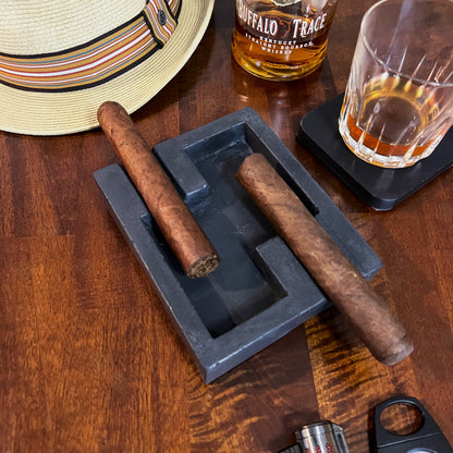Solid Black Marbled Double Cigar Ashtray