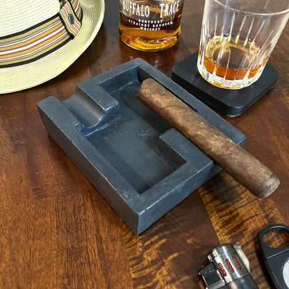 Solid Black Marbled Double Cigar Ashtray solid black