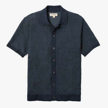 Jacquard Button Front Polo Navy