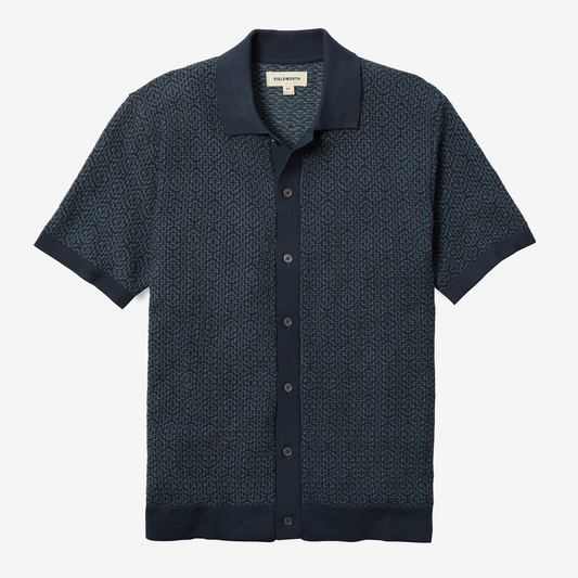 Jacquard Button Front Polo Navy