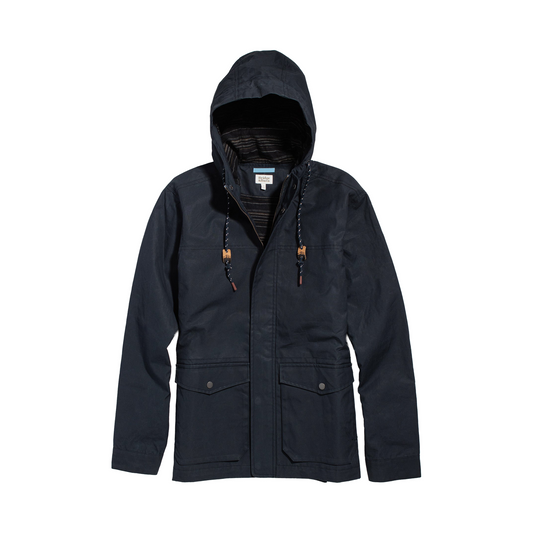 Navy Marshall jacket partially open front view showing striped lining.