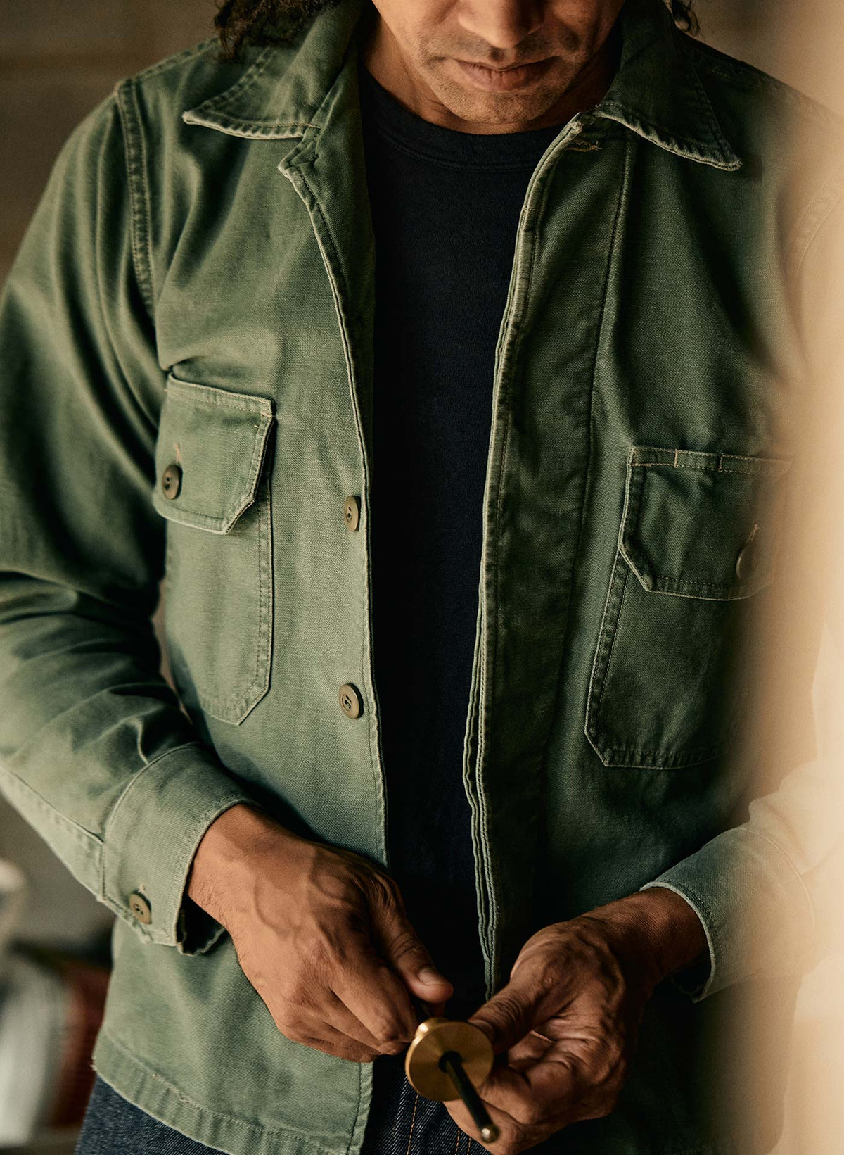 Imogene + willie military shirt jacket in fatigue green