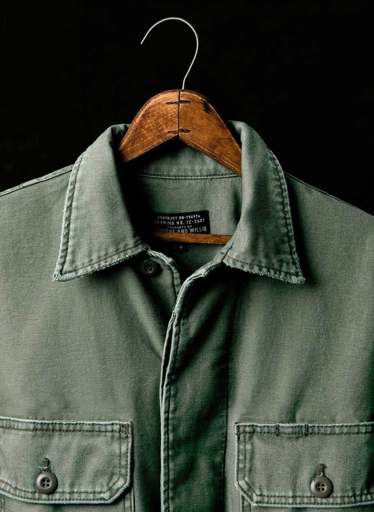 Imogene + willie military shirt jacket in fatigue green