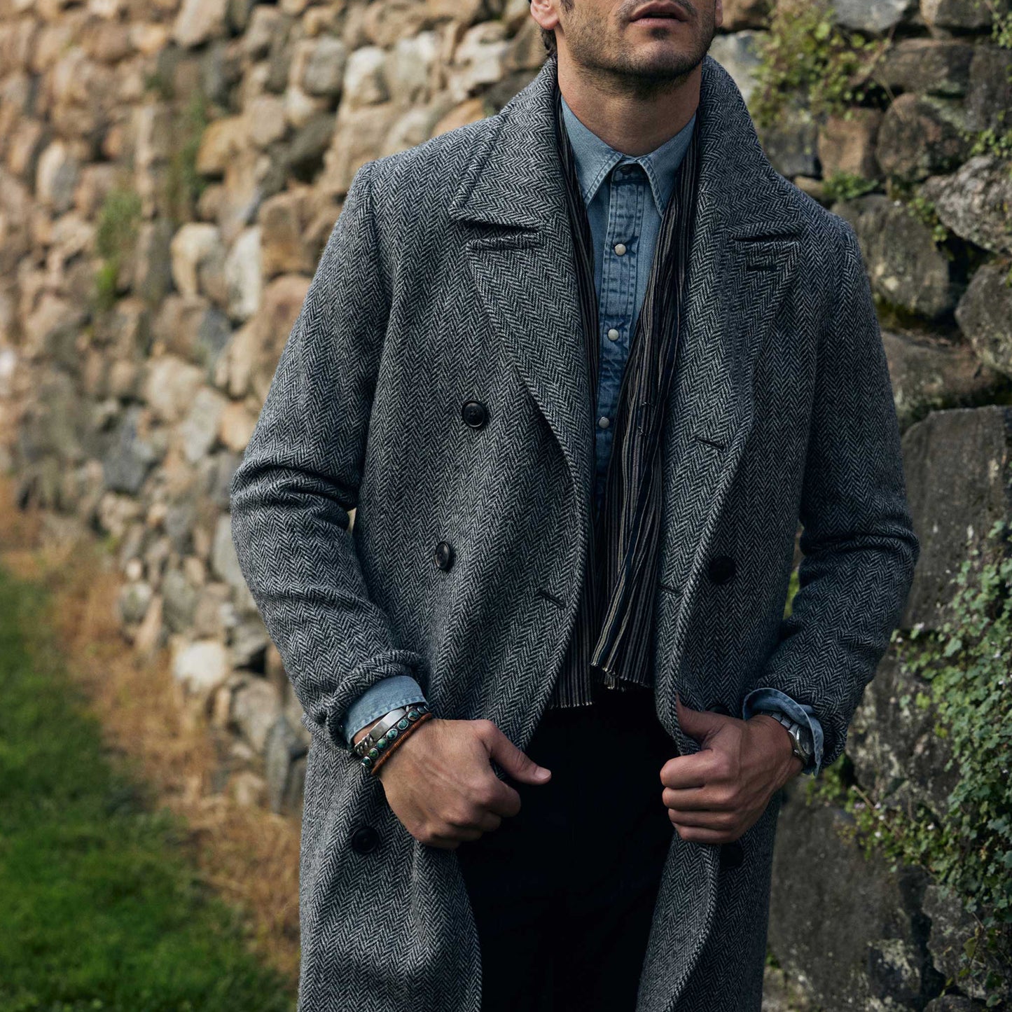 RIVAY Harris Tweed Herringbone Double Breasted Topcoat