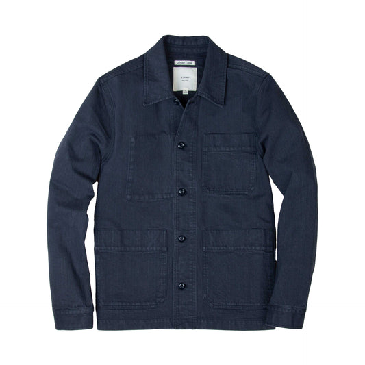 Rivay Japanese Cotton Herringbone Chore Jacket in Navy